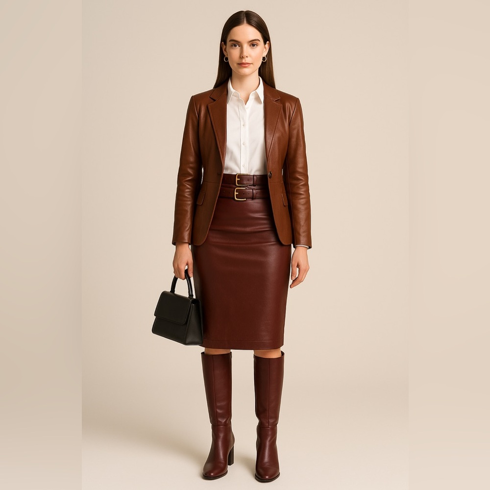Brown Leather Blazer and Skirt Set